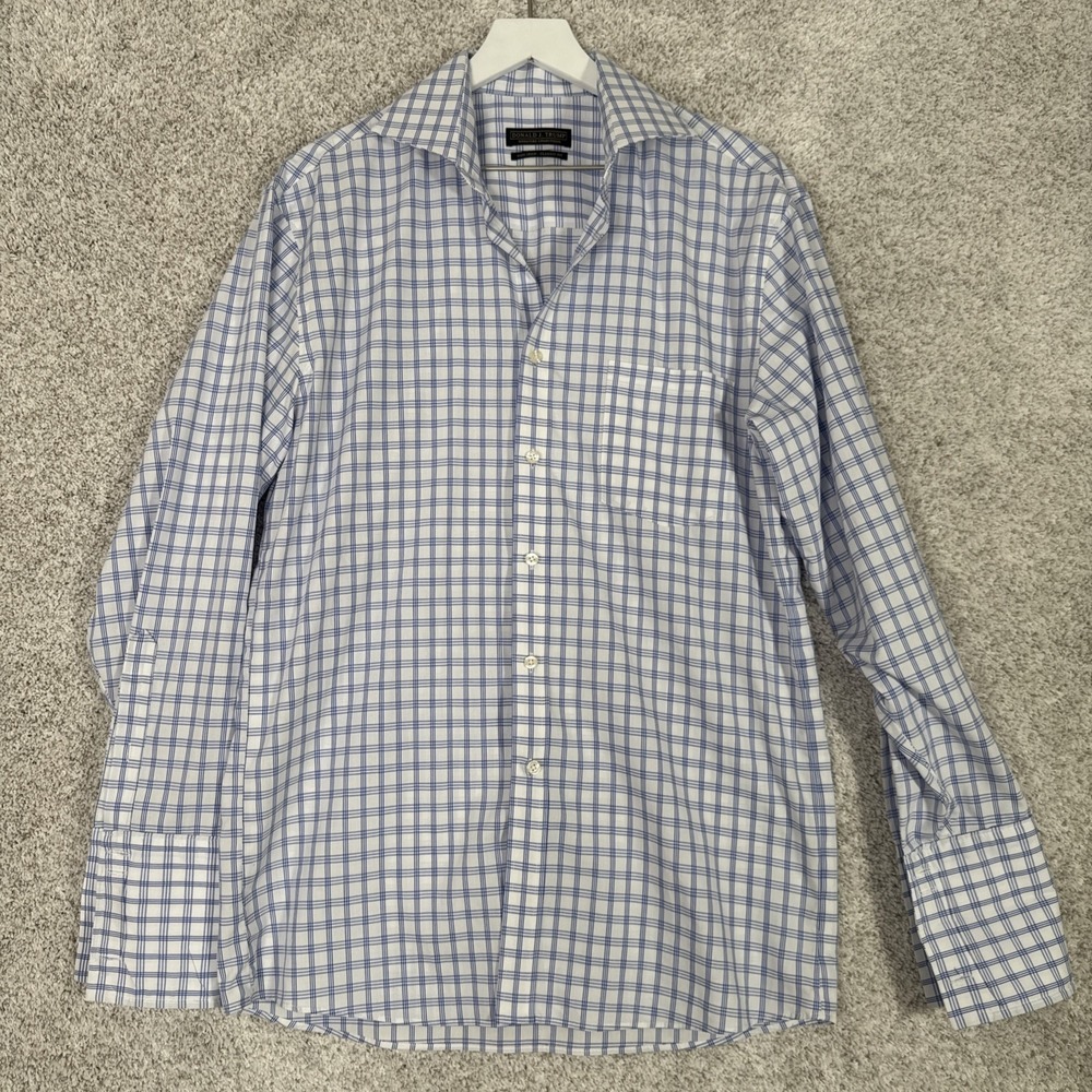 Donald J Trump Shirt Adult 16‎ White & Blue Plaid Button Up Long Sleeve Mens